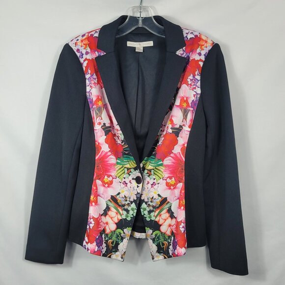 Boston Proper Blazer Jacket Women's Size 4 Black with Multicolor Floral Panels - Picture 1 of 10